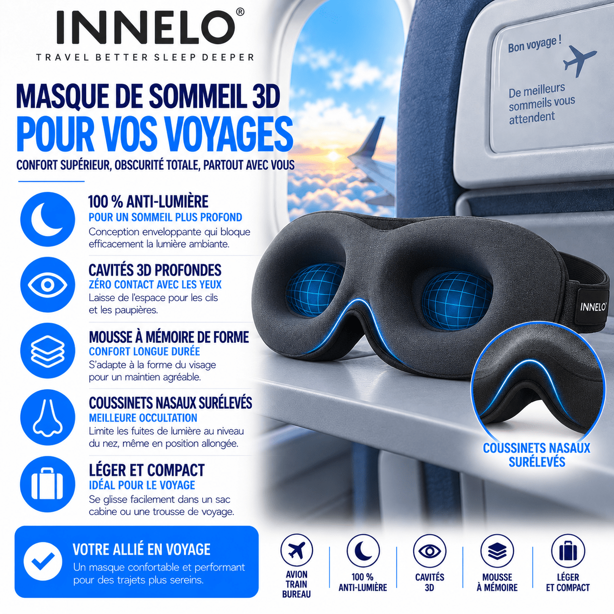 INNELO masque sommeil 3D à cavités profondes pour voyage en avion