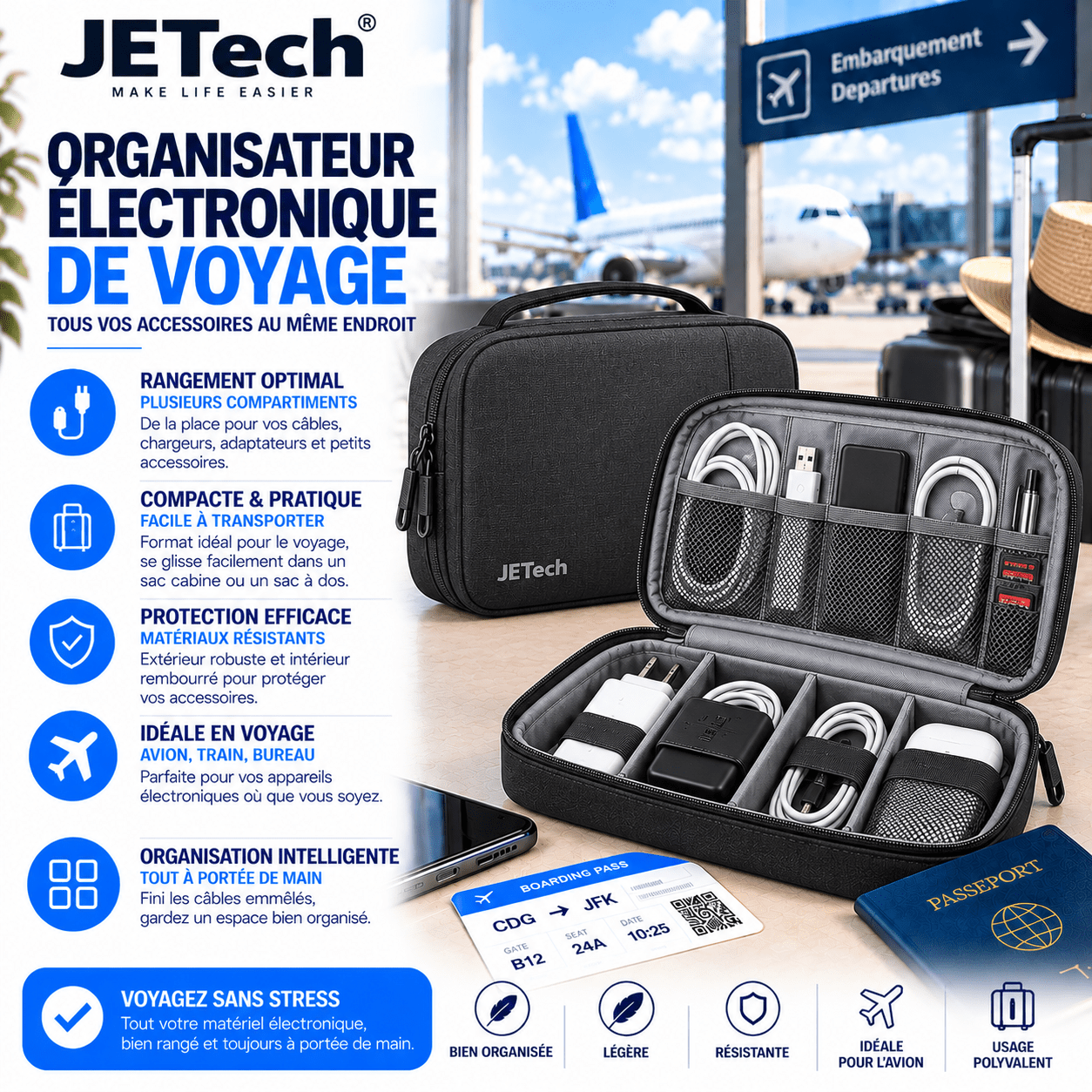 Pochette électronique JETech pour adaptateur universel, câbles et chargeurs de voyage