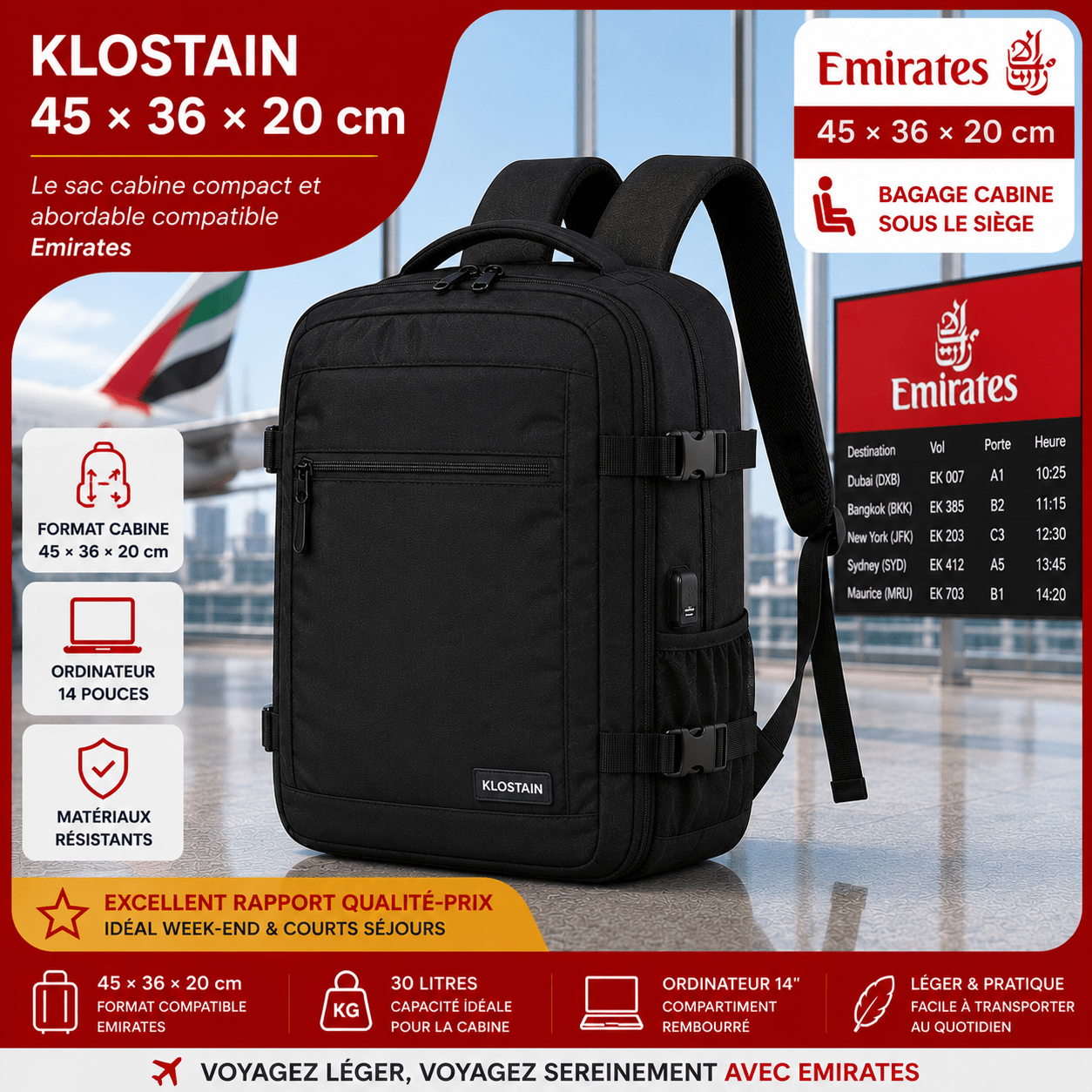 KLOSTAIN 45x36x20 sac à dos cabine pour voyager avec Emirates