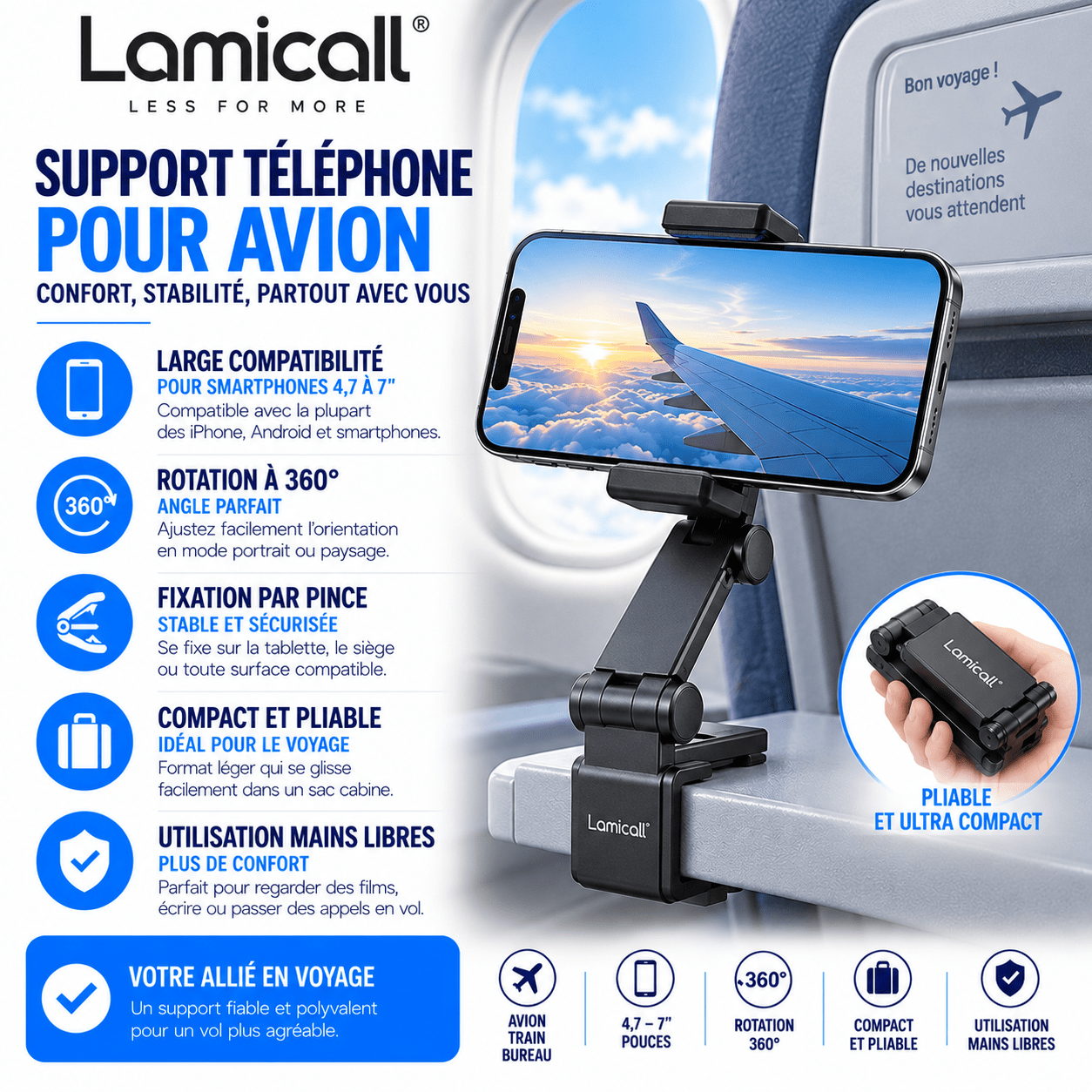 Lamicall support téléphone avion pliable 360 degrés compatible smartphones 4,7 à 7 pouces