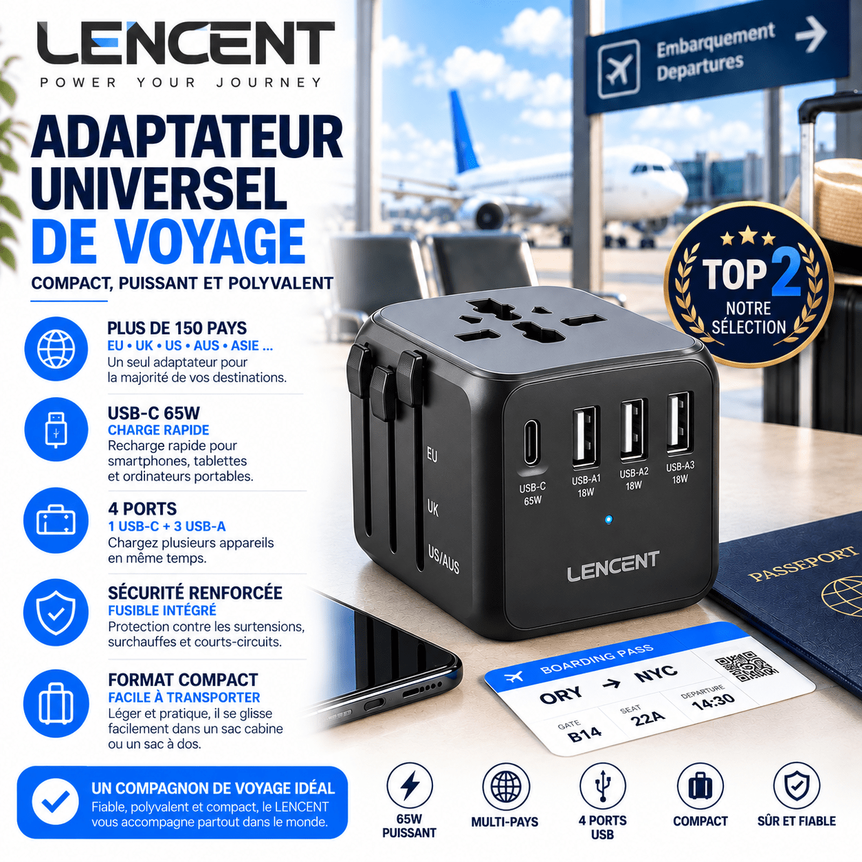 Adaptateur universel de voyage LENCENT avec USB-C et prises internationales