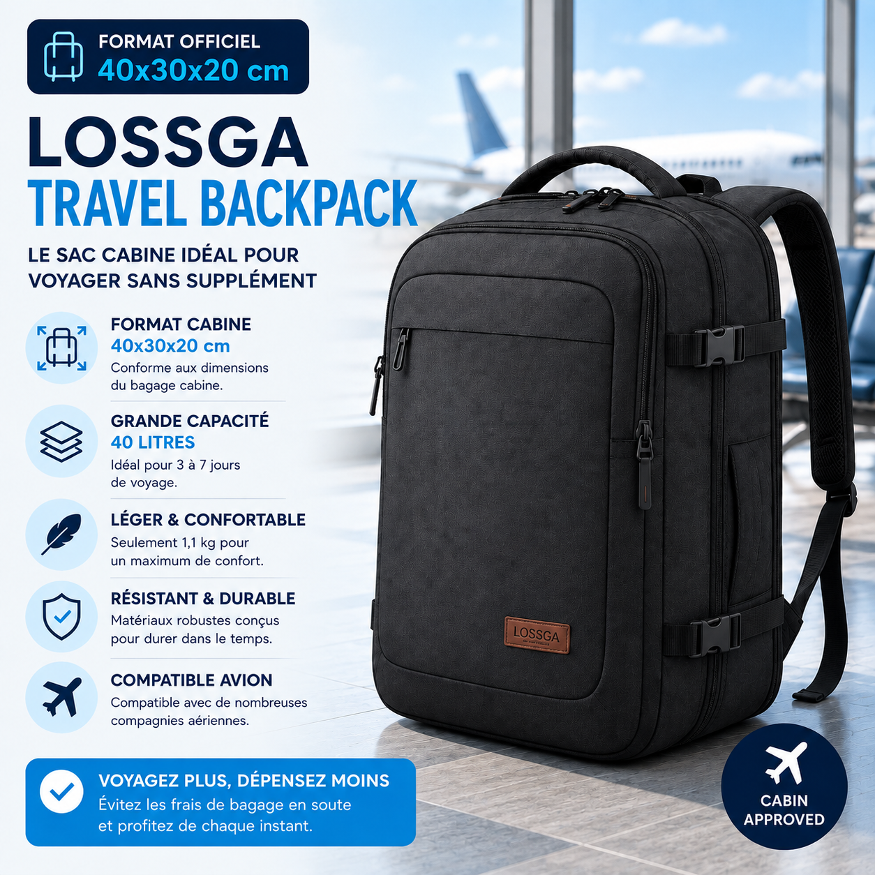 Lossga sac cabine 40x30x20 pour voyager avec un bagage sous siège