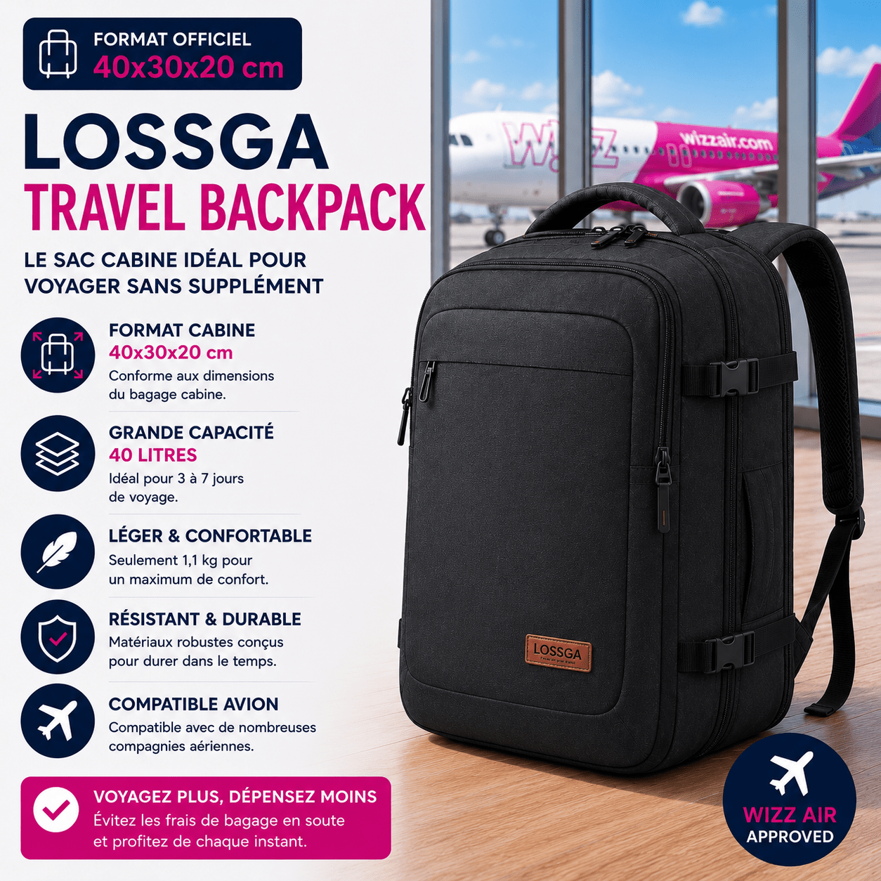 Lossga 40x30x20 sac cabine Wizz Air petit bagage gratuit