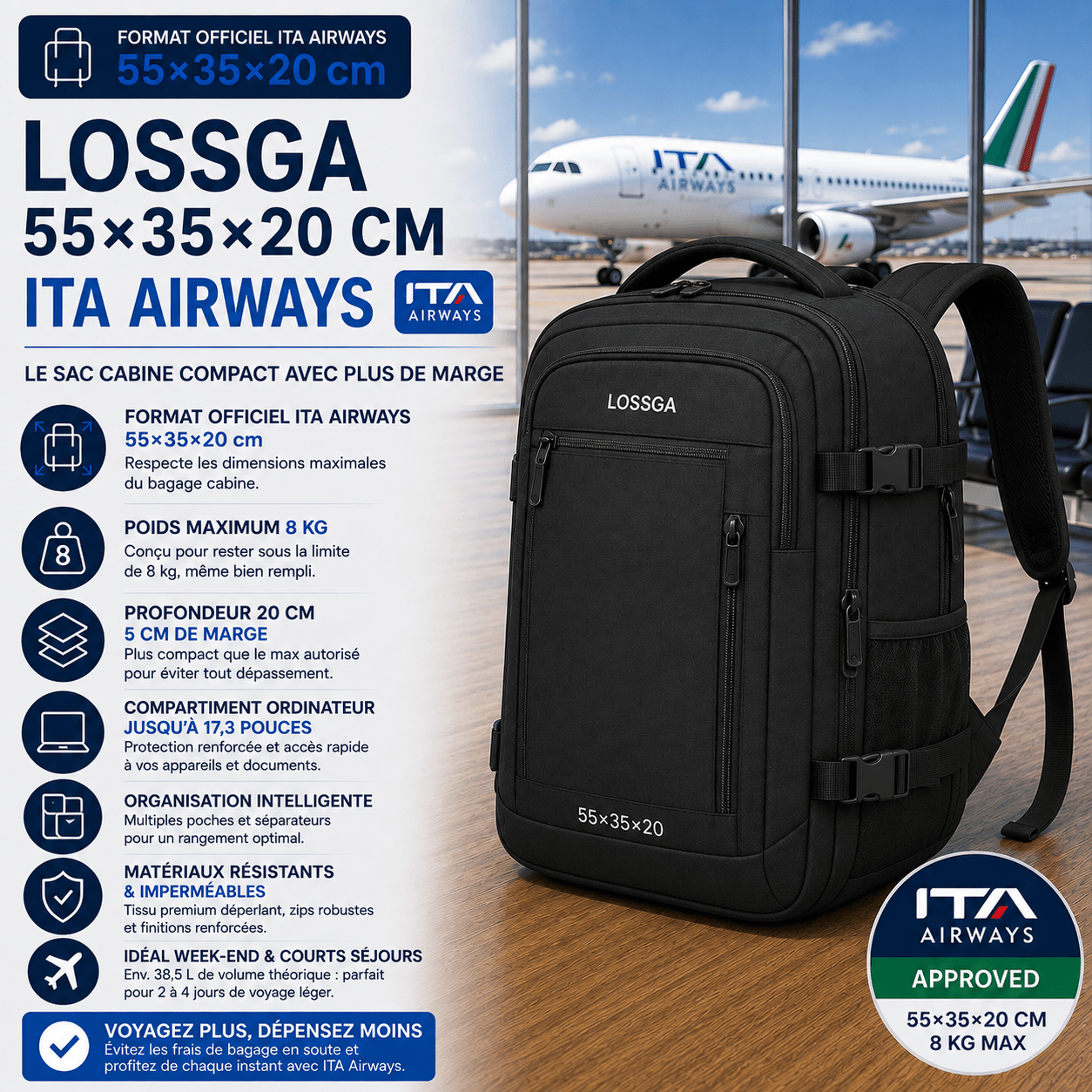 Sac Lossga 55x35x20 pour bagage cabine ITA Airways