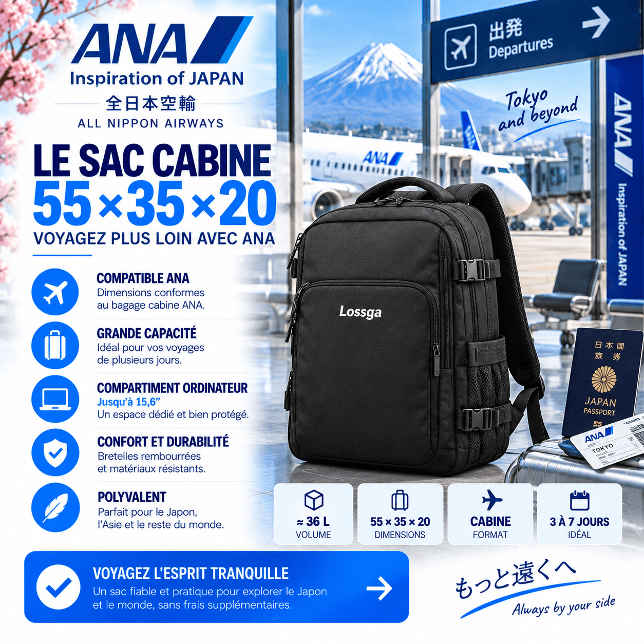 Lossga 55x35x20 bagage cabine ANA pour circuit au Japon