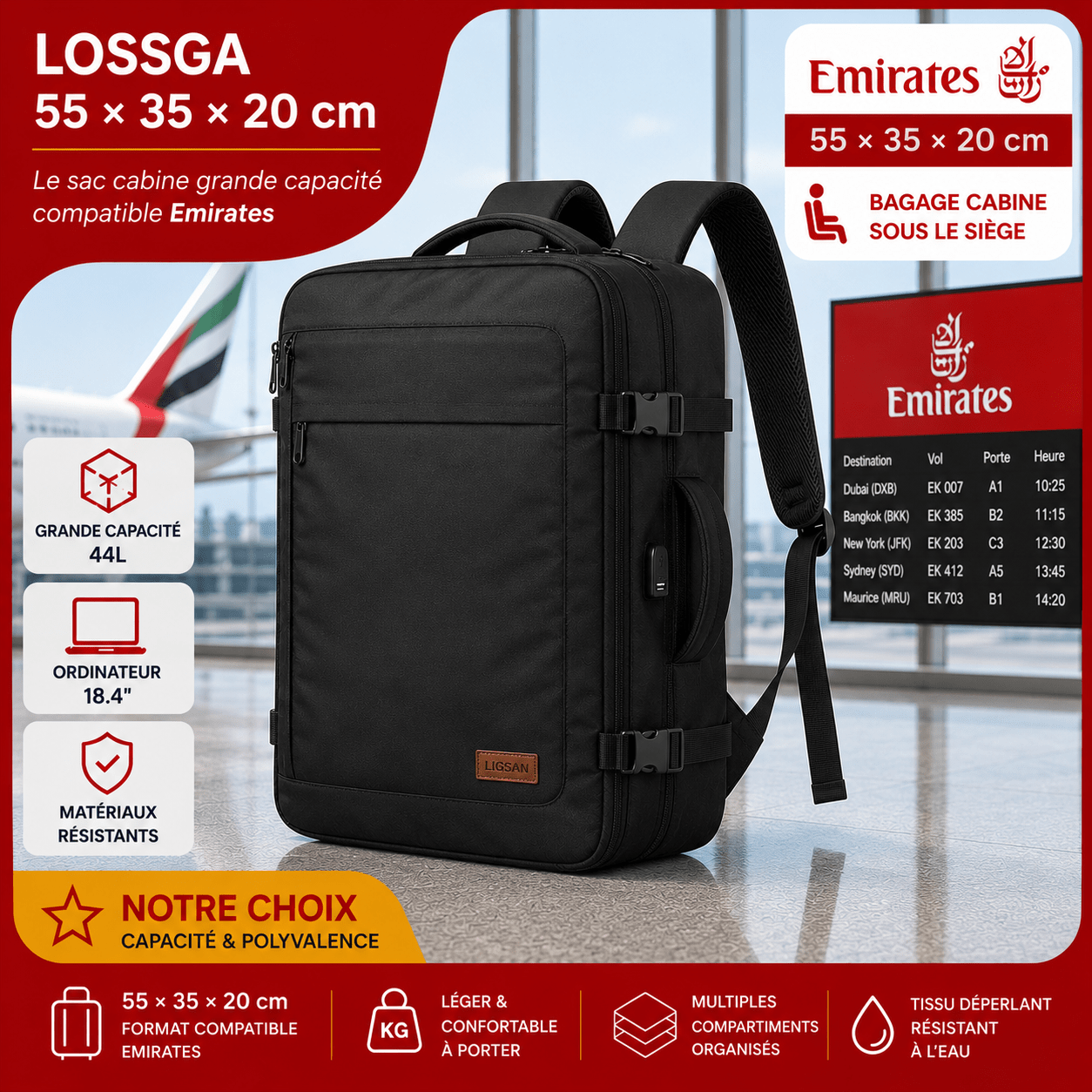 Lossga 55x35x20 sac cabine compatible avec le gabarit Emirates
