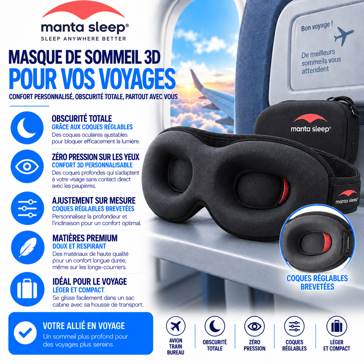 Manta Sleep masque sommeil occultant premium avec coques réglables