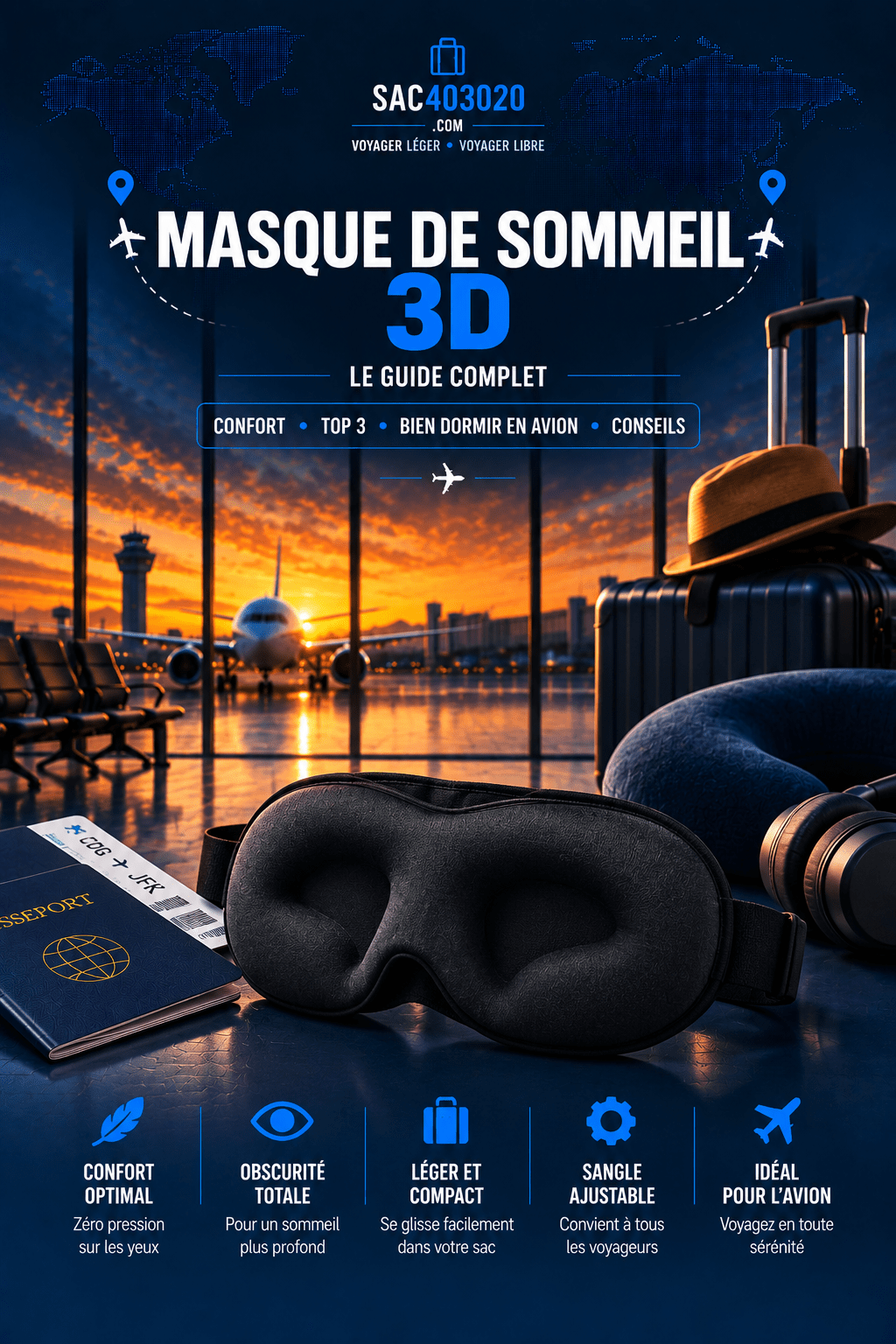 Masque de sommeil 3D pour avion et voyage avec contours confortables sans pression sur les yeux