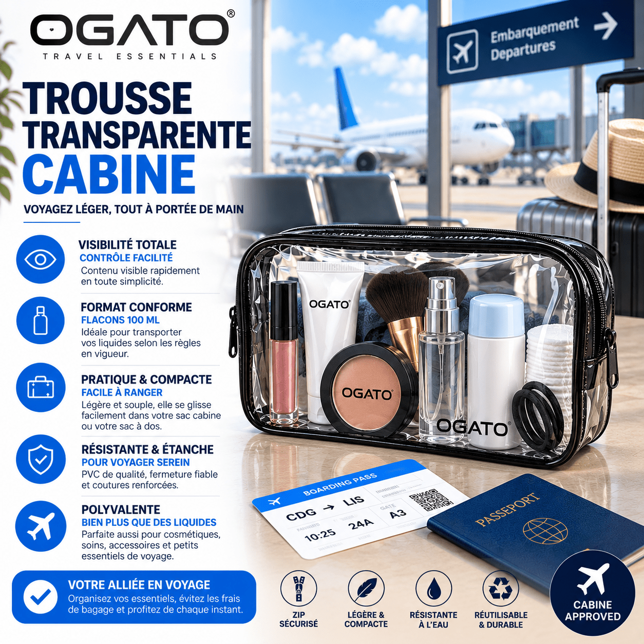 Ogato lot de 3 trousses transparentes cabine pour liquides et cosmétiques