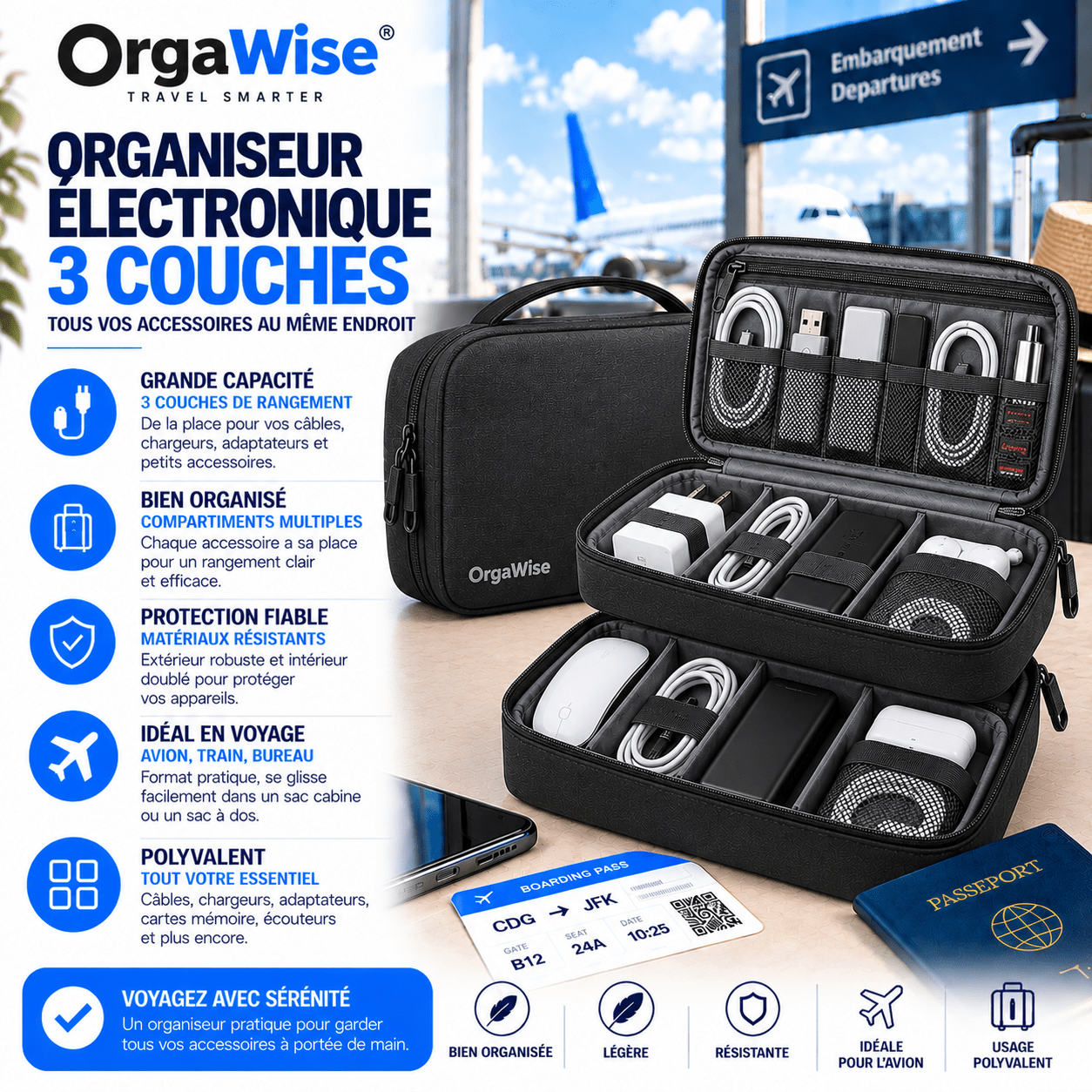 Pochette électronique OrgaWise trois couches pour adaptateur, câbles et chargeurs de voyage