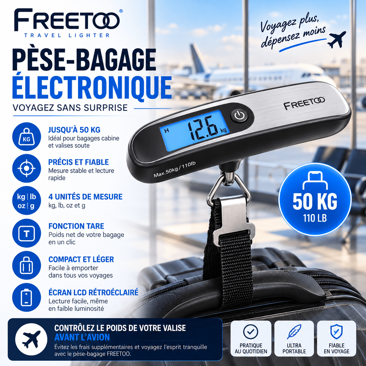 Pèse-bagage électronique FREETOO 50 kg pour valise et bagage de voyage