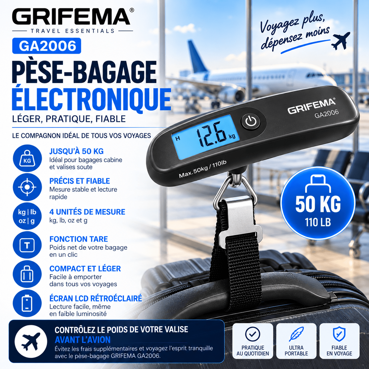 Pèse-bagage numérique GRIFEMA GA2006 50 kg avec fonction tare