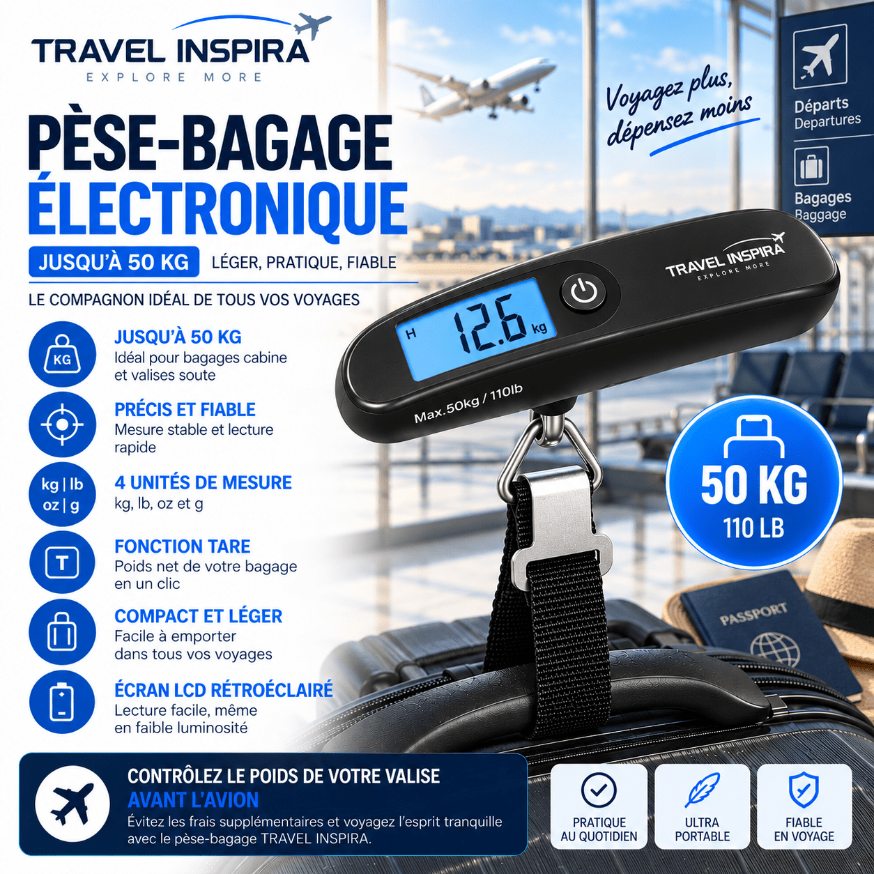 Pèse-bagage numérique travel inspira 50 kg pour voyage en avion