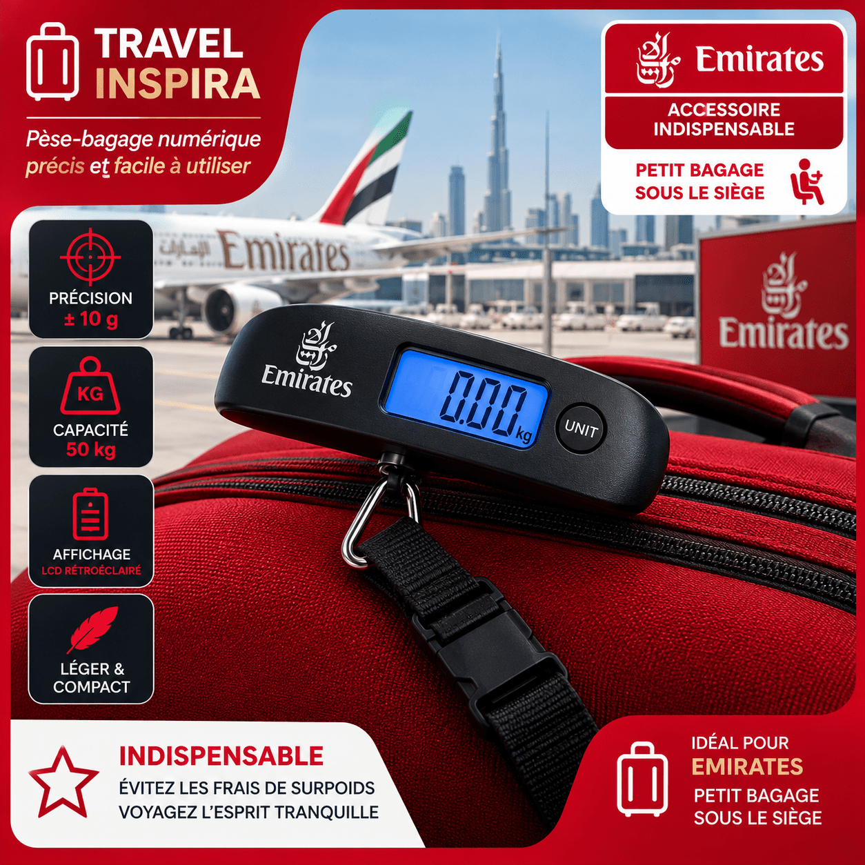 Pèse-bagage numérique pour contrôler le poids du bagage cabine Emirates