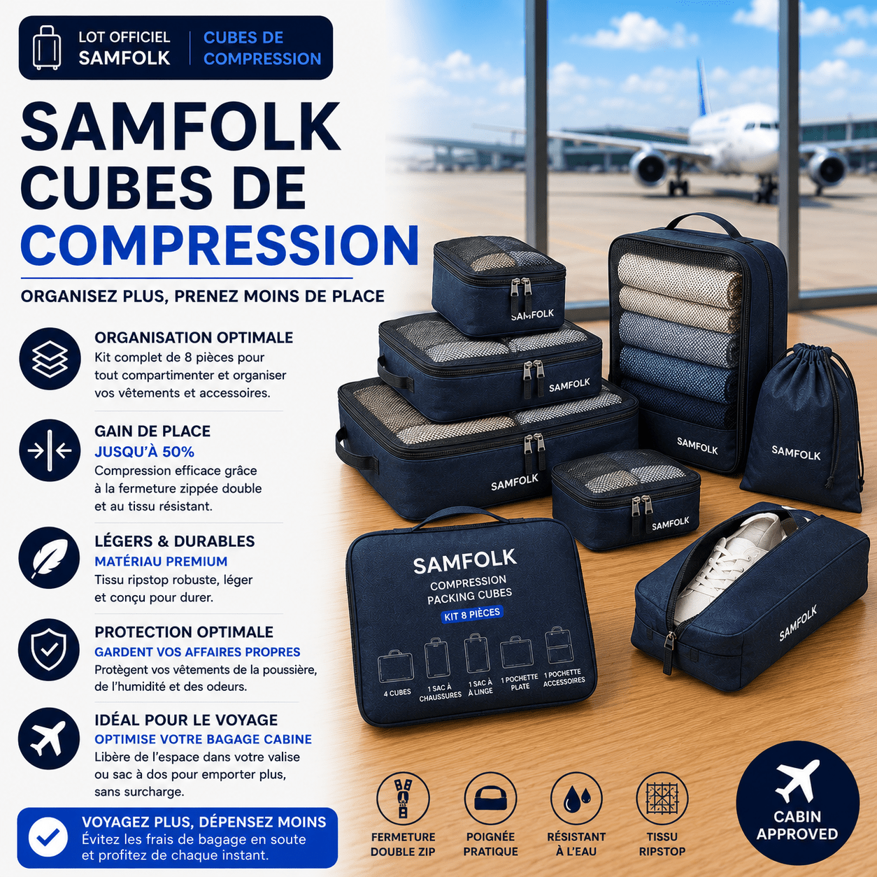 Samfolk packing cubes compression kit 8 pièces pour bagage cabine