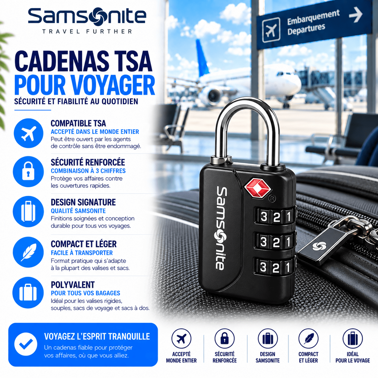 Cadenas TSA Samsonite pour sécuriser une valise en avion