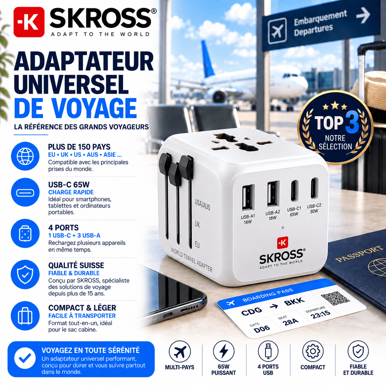 Adaptateur universel de voyage SKROSS pour prises internationales