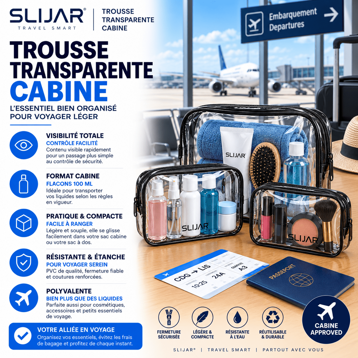 SLIJAR trousse transparente cabine 20x20 cm pour liquides en avion