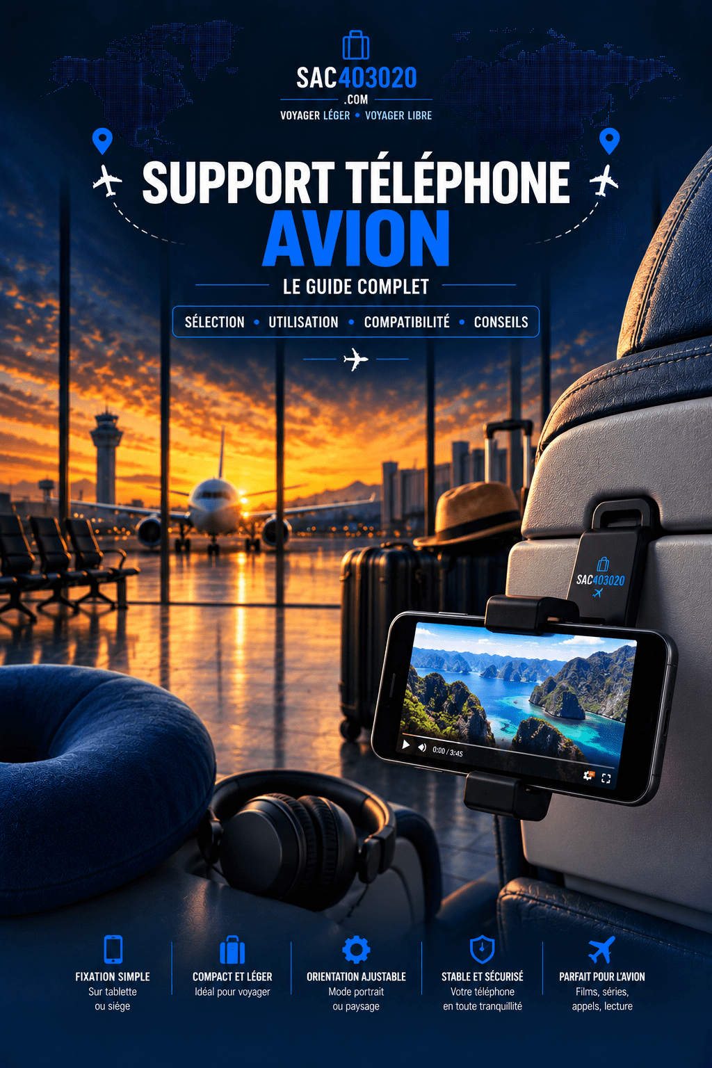 Support téléphone avion fixé au siège pour regarder son smartphone pendant le voyage