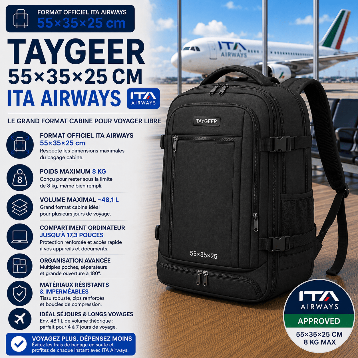 Sac Taygeer 55x35x25 pour bagage cabine ITA Airways