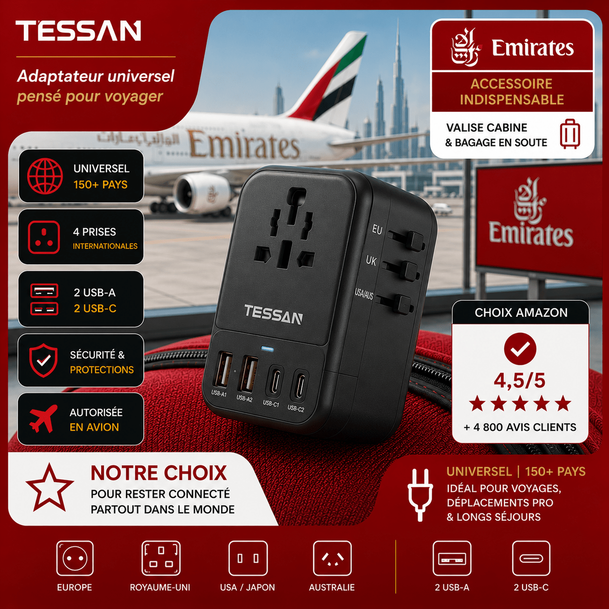 Adaptateur universel de voyage pour les destinations desservies par Emirates