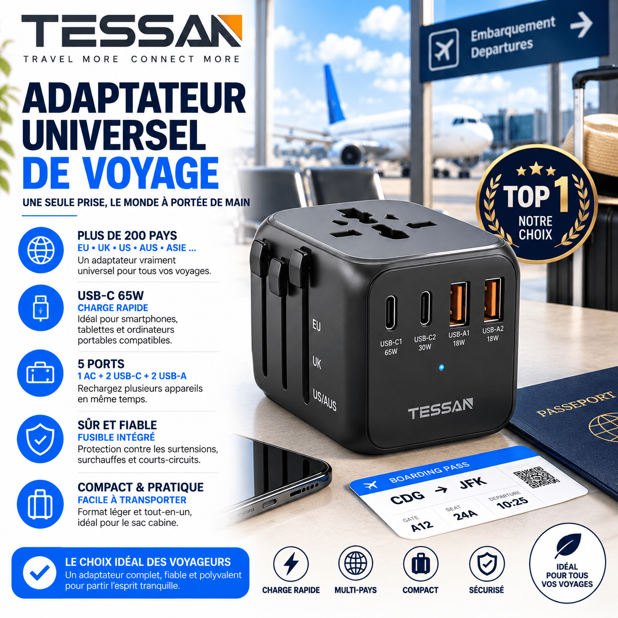 Adaptateur universel de voyage TESSAN avec prises internationales et ports USB-C