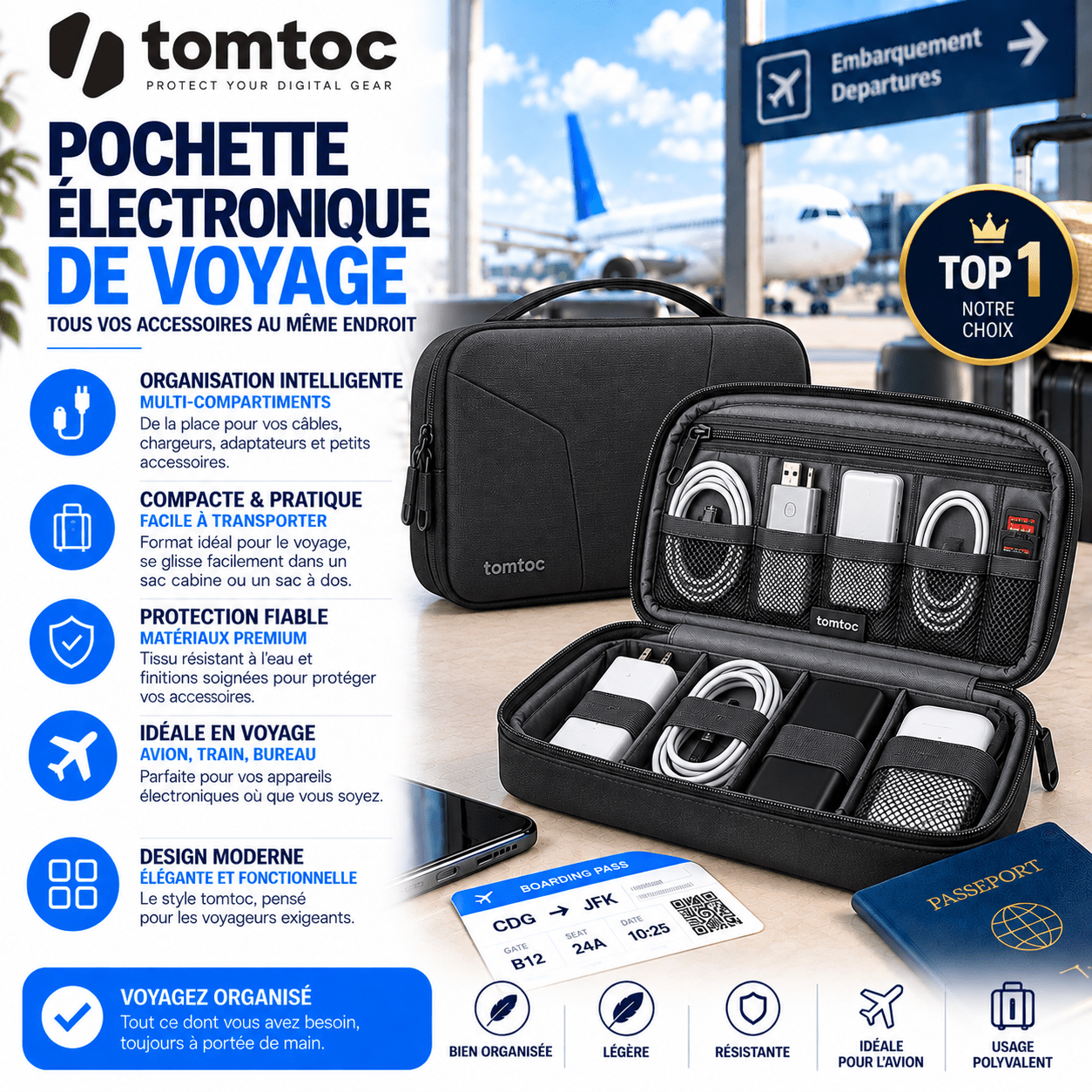 Pochette électronique tomtoc pour adaptateur universel, câbles et chargeurs de voyage