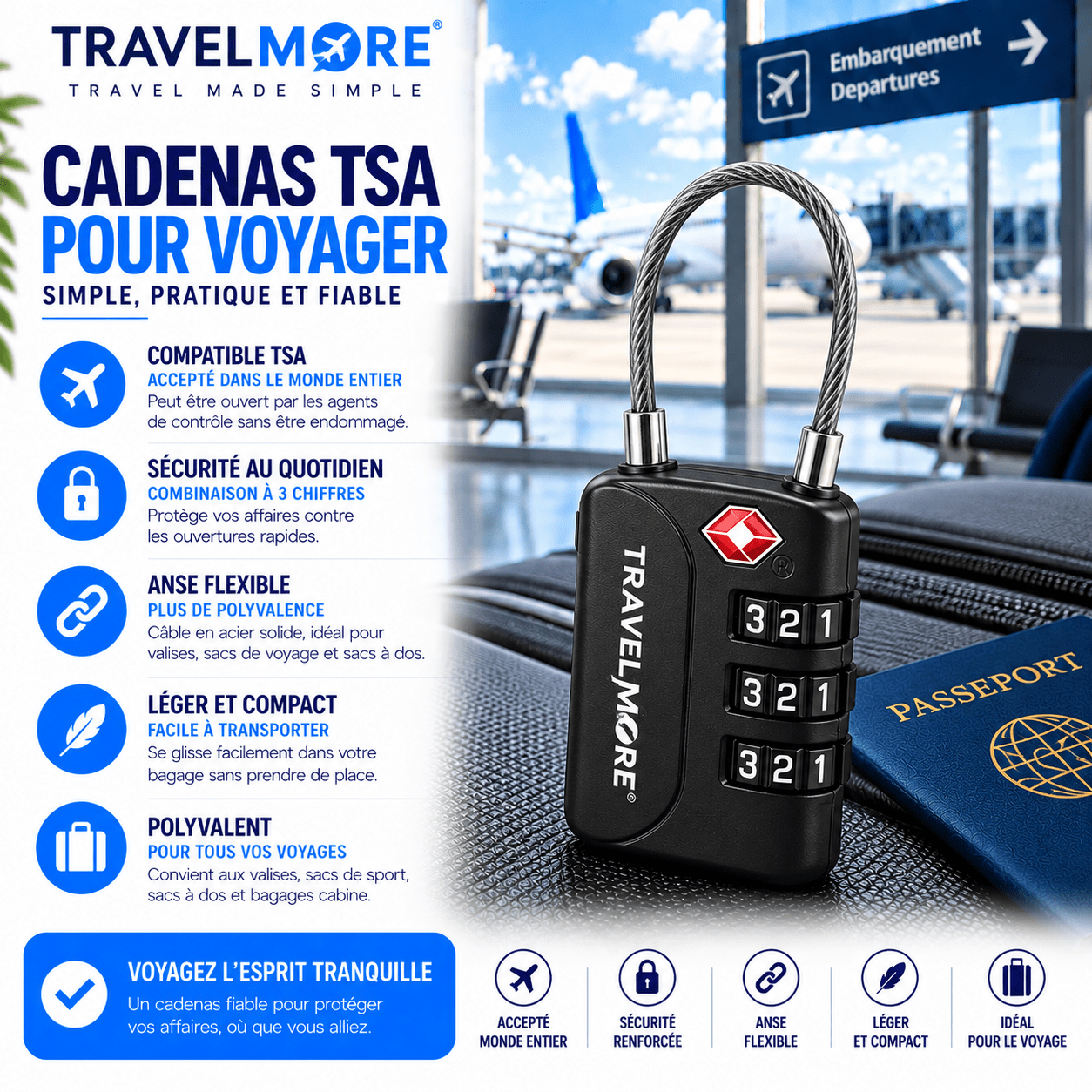 Cadenas TSA TravelMore à combinaison pour bagage et voyage