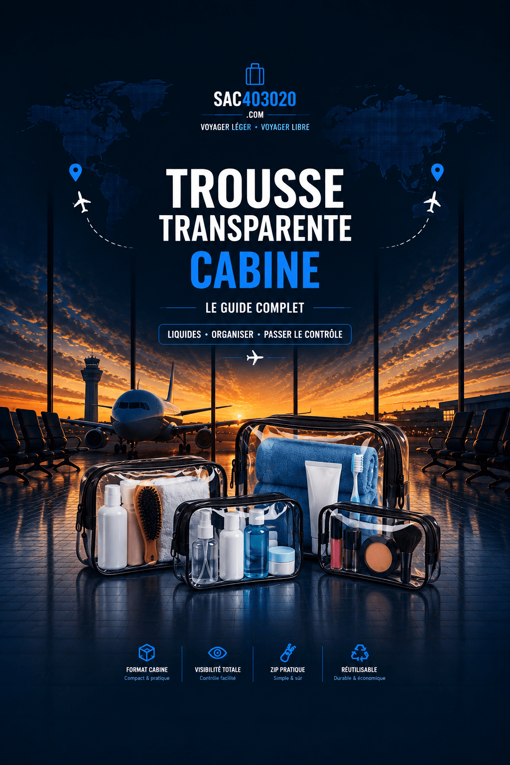 Trousse transparente cabine pour liquides et produits de toilette en avion