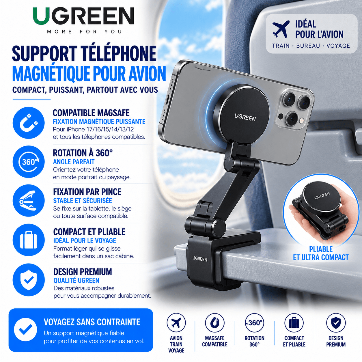 UGREEN support téléphone avion magnétique MagSafe pliable rotation 360 degrés
