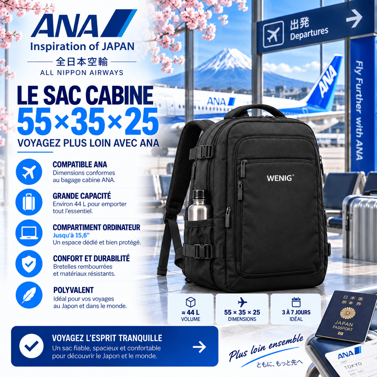 WENIG 55x35x25 bagage cabine ANA pour vol Paris Tokyo