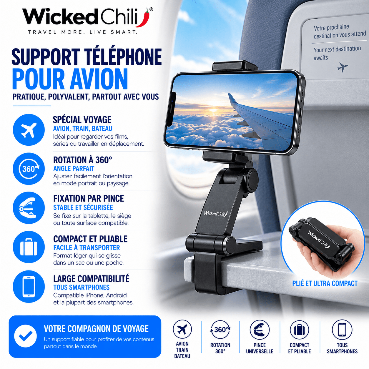 Wicked Chili support téléphone avion pliable avec pince et rotation 360 degrés